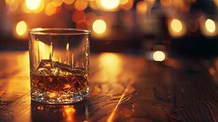 Whiskey glass on wooden bar with warm ambient lighting