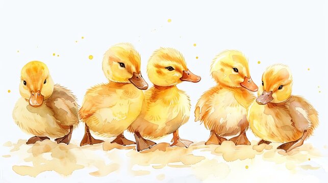 Adorable watercolor ducklings in a row