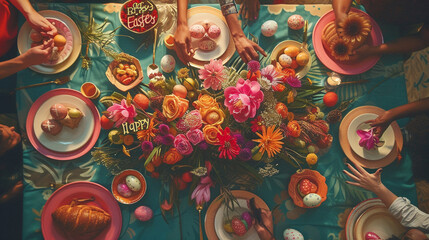 A joyous Easter celebration with friends and family gathered around a festive table laden with colorful eggs, spring flowers, and the words "Happy Easter" written in elegant calligraphy.