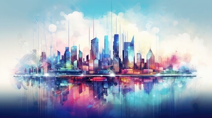 Tech hub watercolor illustration - Generative AI. Colorful, panoramic, cityscape, skyscraper.
