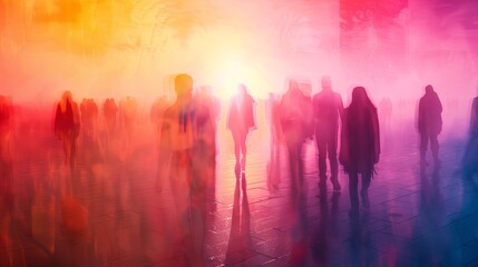 Vivid sunset hues casting silhouettes of diverse crowd