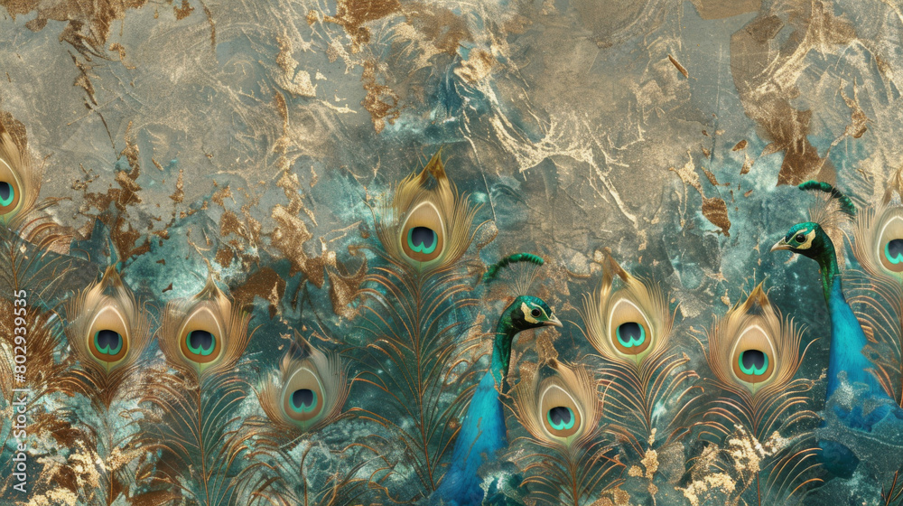 Poster seamless, high-resolution image of vibrant peacock feathers on a textured background