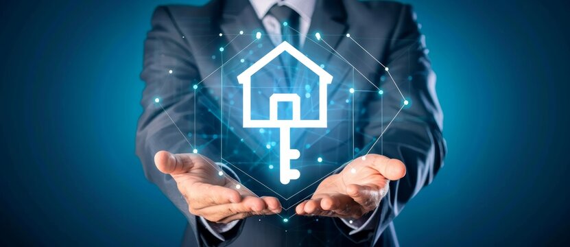 A businessman hands holding a hologram house and key icon