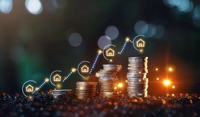 Stacks coins with a growth graph and house icons