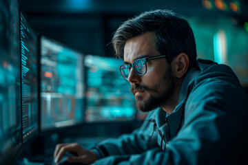 Cyber security concept. Young man hacker in glasses working on a computer.