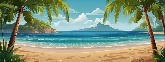 Beach landscape constructor. Sandy beaches, tropical palms, mountains and hills, Ocean horizon, clouds and green trees cartoon vector illustration set, Nature beach landscape constructor