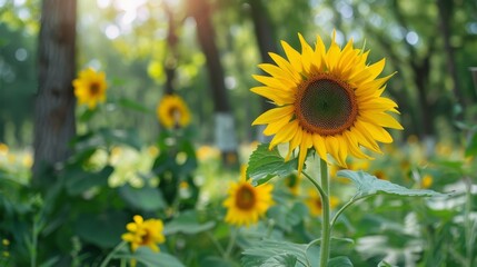 Fototapeta premium A field of sunflowers, with one sunflower in the foreground in focus