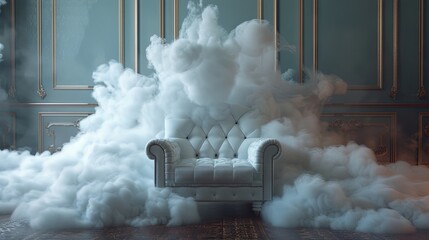 Dreamy vintage armchair enveloped in serene white clouds