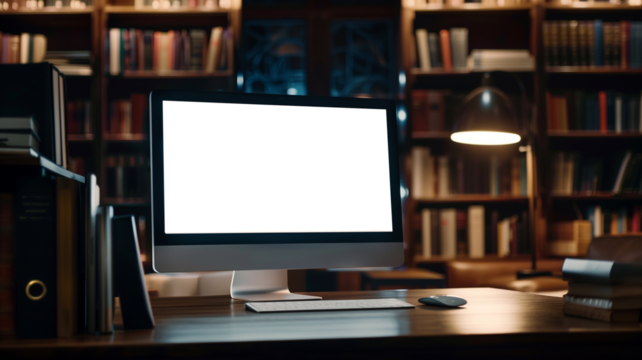 Computer on a work desk with a blank screen with library bookshelves in the background. Mockup