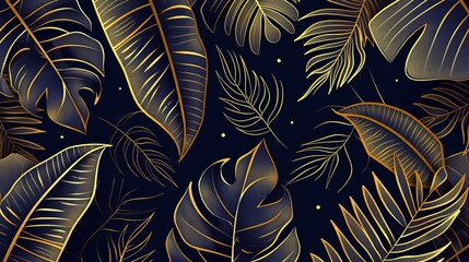 Wallpaper featuring tropical leaves, with luxury golden banana leaf line art design, suitable for fabric, prints, covers, banners, and invitations.