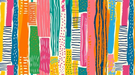 Whimsical textured organic vertical lines and stripes forming a seamless pattern, featuring doodle folk abstract geometric prints in bright colors.