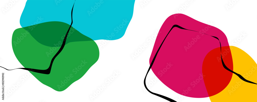 Poster abstract background with various curved bright colored shapes and black bent lines for creative grap