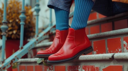 Chic Red Ankle Chelsea Boots Paired with Blue Knit Socks - Powered by Adobe