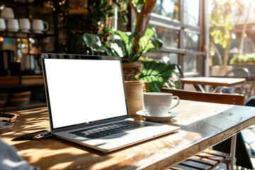 Laptop with blank screen on wooden table in coffee shop cafe.