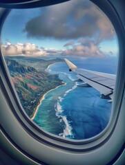 Beautiful view of sea through the aircraft window. Airplane window. Concept of travel and air transportation