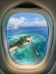 Naklejka premium Beautiful view of sea through the aircraft window. Airplane window. Concept of travel and air transportation