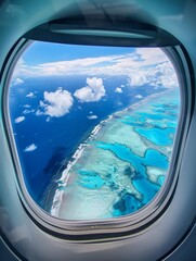 Naklejka premium Beautiful view of sea through the aircraft window. Airplane window. Concept of travel and air transportation