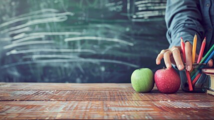 Teacher Holding Pencils and Apples in Front of Chalkboard
