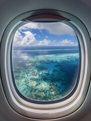 Beautiful view of sea through the aircraft window. Airplane window. Concept of travel and air transportation