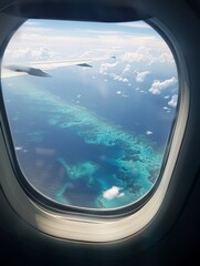 Beautiful view of sea through the aircraft window. Airplane window. Concept of travel and air transportation