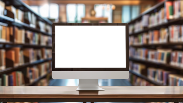 Computer on a work desk with a blank screen with library bookshelves in the background. Mockup