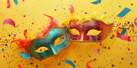 Festive Carnival Masks with Glitter on Yellow