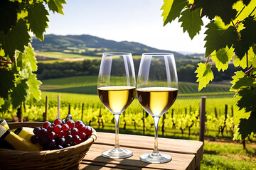 two glasses of wine on a wooden table with a landscape of a grape field.