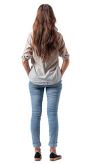 Casual Style Young Woman in Beige Blouse and Jeans, Back View Isolated on Transparent Background