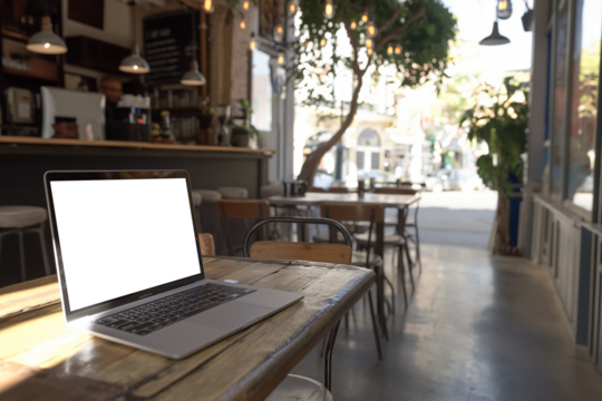 Laptop with blank screen on wooden table in coffee shop cafe.