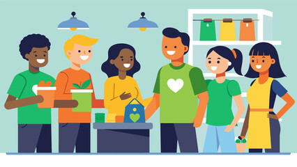 Smiling volunteers assisting customers in finding the perfect bargain at the thrift store.. Vector illustration
