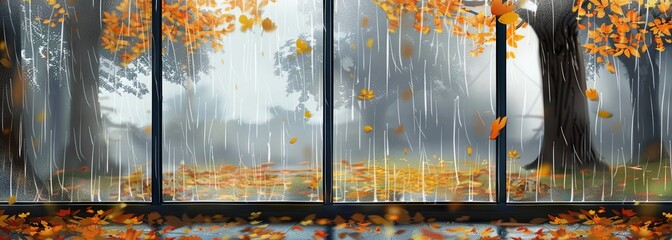 Golden autumn leaves falling outside a modern window