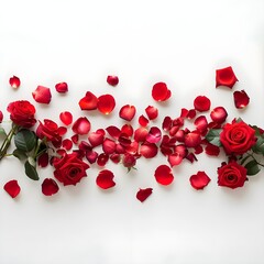 Red roses and petals on a white background
