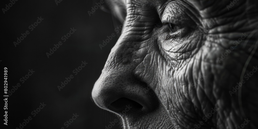 Poster a detailed close-up of a person's face with visible wrinkles. suitable for skincare and anti-aging c