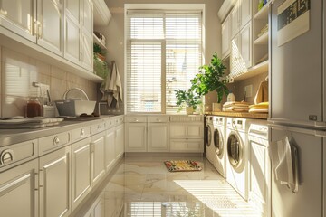 Modern kitchen interior with laundry appliances. Suitable for home improvement and real estate concepts