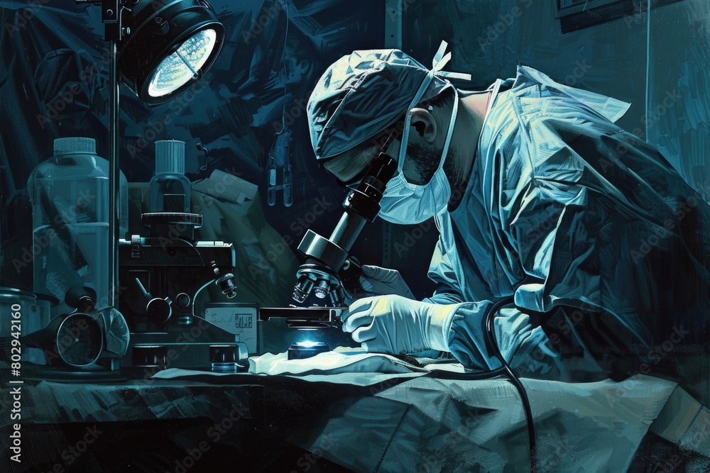 Aufkleber A man in a lab coat examining something through a microscope. Suitable for science and research concepts