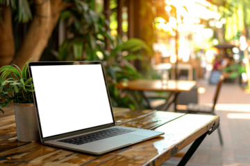 Laptop with blank screen on wooden table in coffee shop cafe.