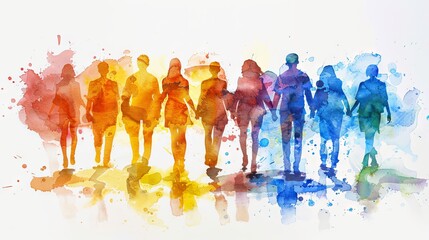 Colorful watercolor silhouette of diverse people standing together
