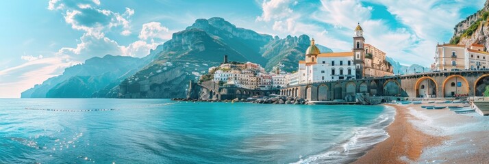 Beach Town Atrani in Amalfi Coast - Beautiful City Landscape with Blue Background