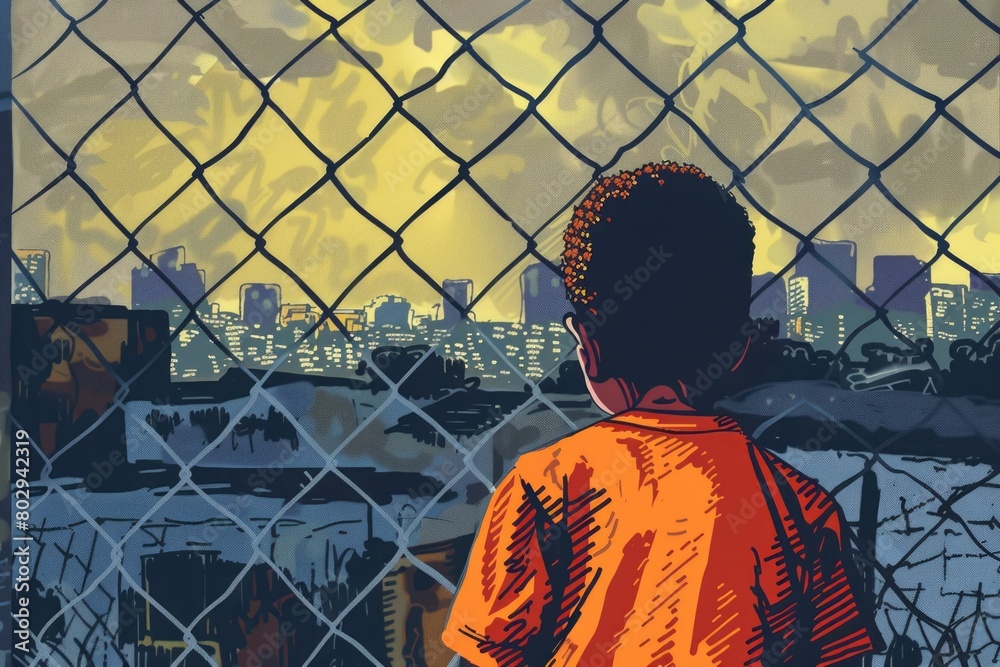 Poster a young boy standing in front of a chain link fence. suitable for various concepts and designs