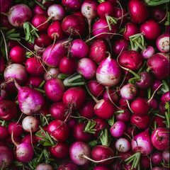 Close up of fresh radish upper view background. Realistic photo of top view vegetables scenery. Close-up food photography background