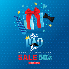 Fathers Day Sale banner design for Best Dad Ever. Special offer up to 50% off, promotion banner with 3D gift box, necktie and bow. Vector illustration