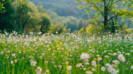 Beautiful spring landscape with meadow flowers and daisies in the grass. Natural panorama.