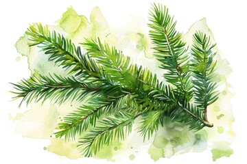 Realistic watercolor illustration of a pine tree branch. Suitable for nature-themed designs