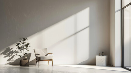 Sleek minimalist interior with stylish chair and plant, sunlight creating dramatic shadows