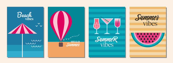 Summer mood set of illustrations in flat design. Hello summer. Summer vibes.  Summer card or poster concept in geometric style. Vector illustration.
