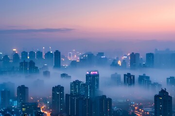 The soft diffusion of fog over a cityscape at dawn