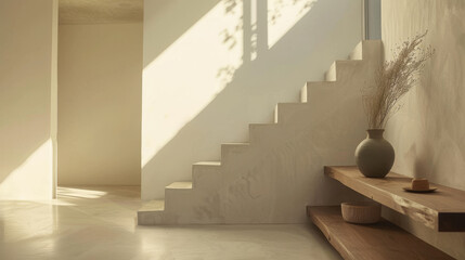 Staircase in a minimalist setting with sunlight casting shadows, dried flowers in a vase nearby