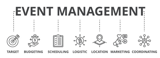 Event management concept icon illustration contain target, budgeting, scheduling, logistic, location, marketing and coordination.