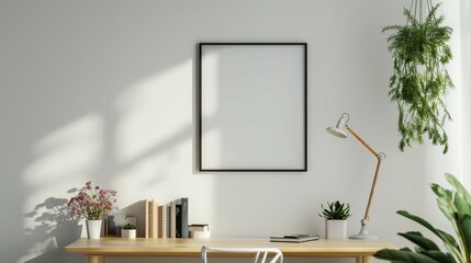 Frame mockup, desk and books, white wall background with hanging plants, 3d render