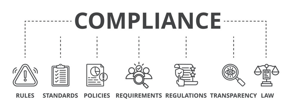 Compliance concept icon illustration contain rules, standards, policies, requirements, regulations, transparency and law.